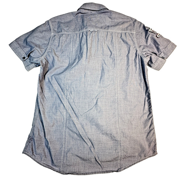 Projek Raw Shirt Mens sz M Button Up Short Sleeve Blue Embroidered Remember 1967 - Picture 3 of 11